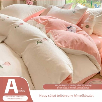 Téli vastag, meleg kétoldalas tej-velúr ágyneműkészlet, négy darabos, virágos mintával, modern minimalista stílus