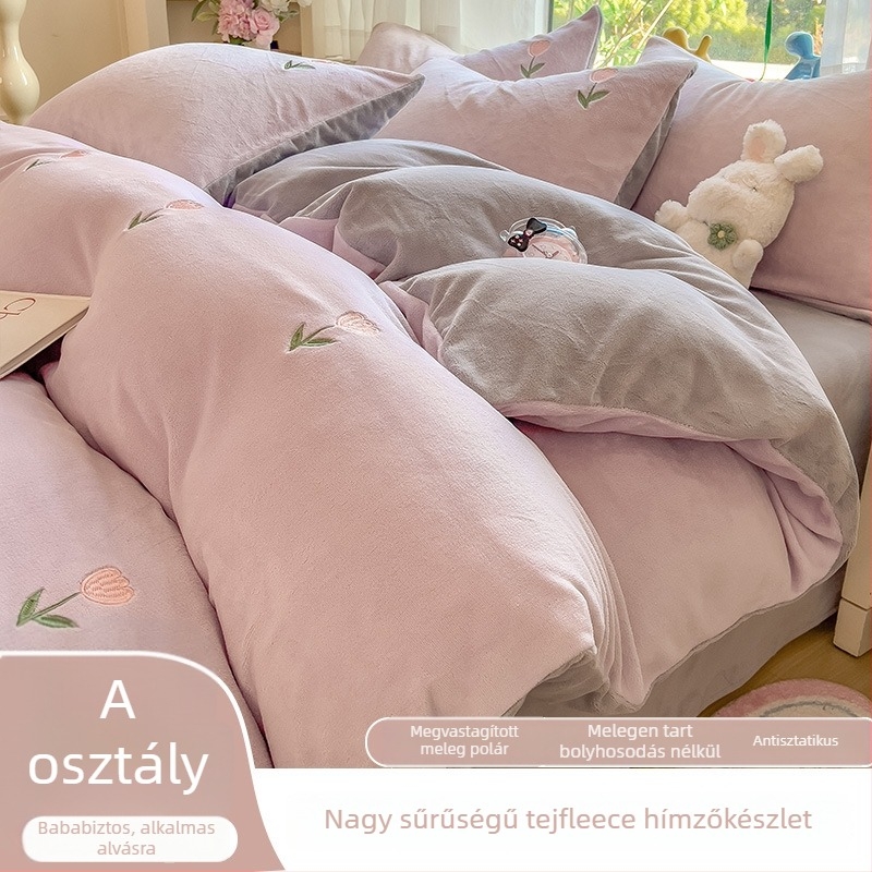 Téli vastag, meleg kétoldalas tej-velúr ágyneműkészlet, négy darabos, virágos mintával, modern minimalista stílus