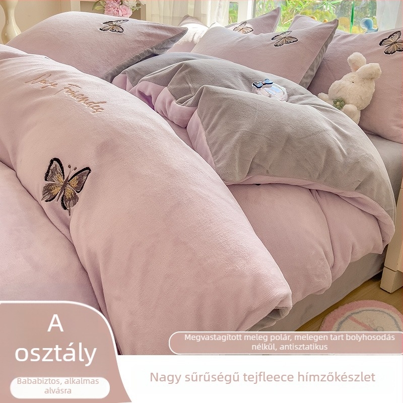 Téli vastag, meleg kétoldalas tej-velúr ágyneműkészlet, négy darabos, virágos mintával, modern minimalista stílus