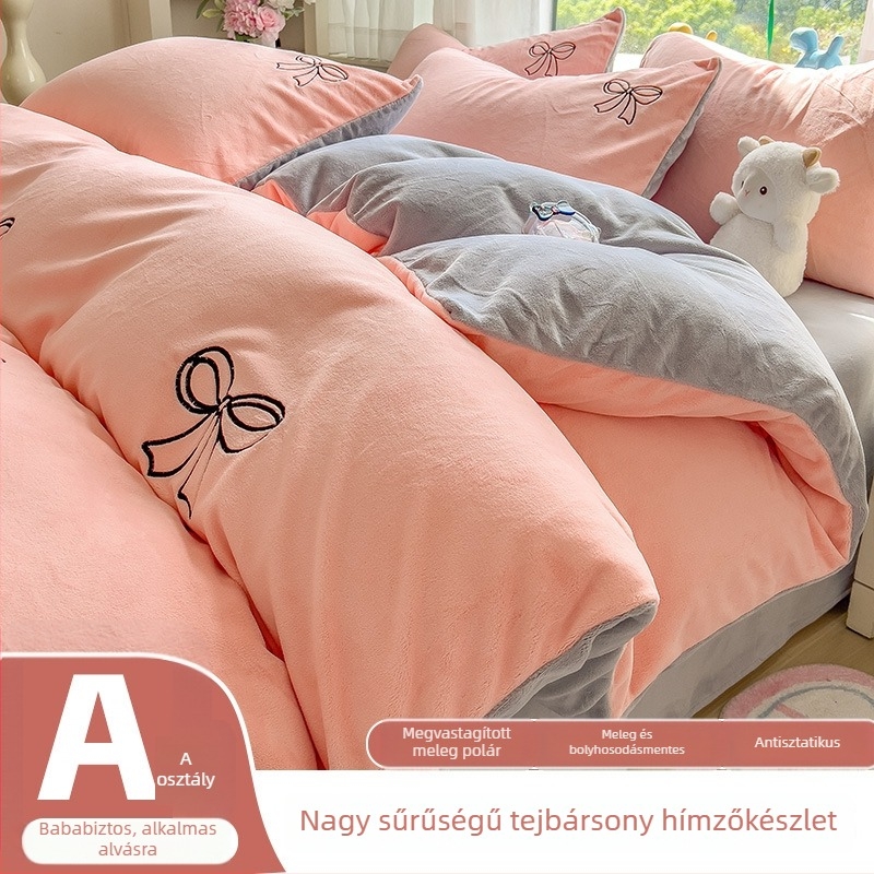 Téli vastag, meleg kétoldalas tej-velúr ágyneműkészlet, négy darabos, virágos mintával, modern minimalista stílus