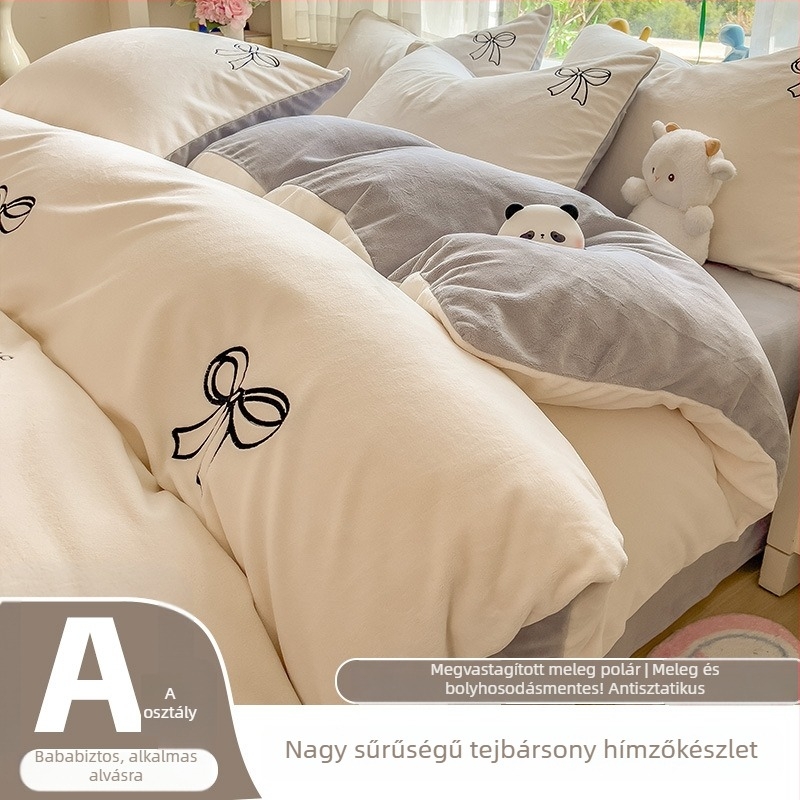 Téli vastag, meleg kétoldalas tej-velúr ágyneműkészlet, négy darabos, virágos mintával, modern minimalista stílus