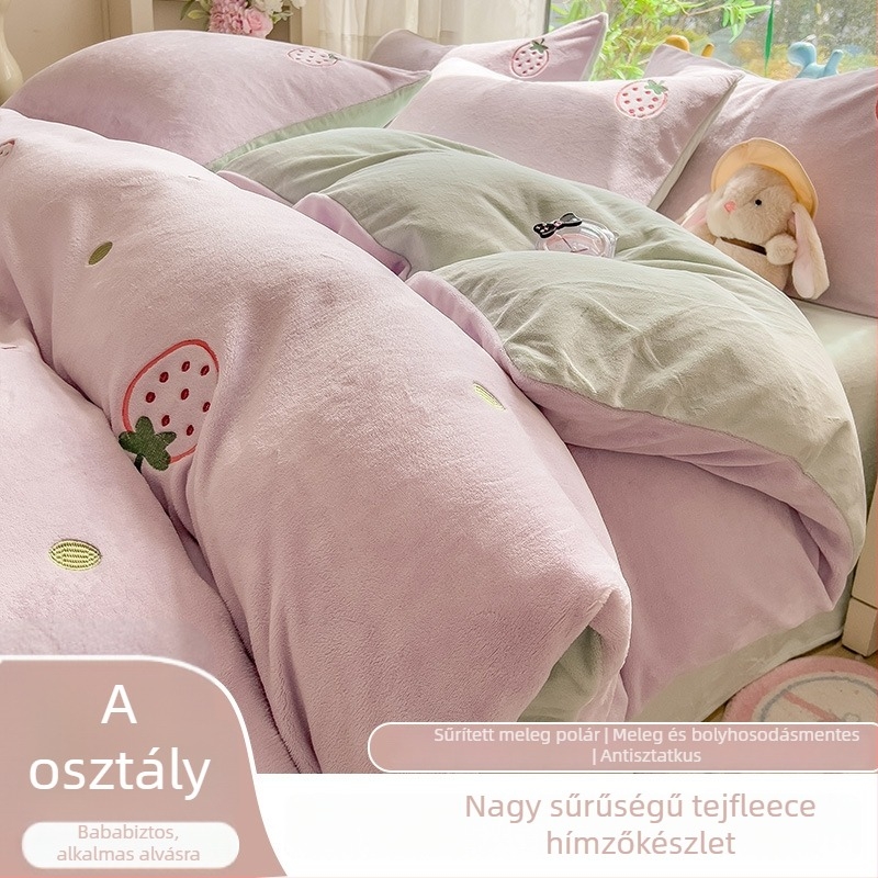 Téli vastag, meleg kétoldalas tej-velúr ágyneműkészlet, négy darabos, virágos mintával, modern minimalista stílus