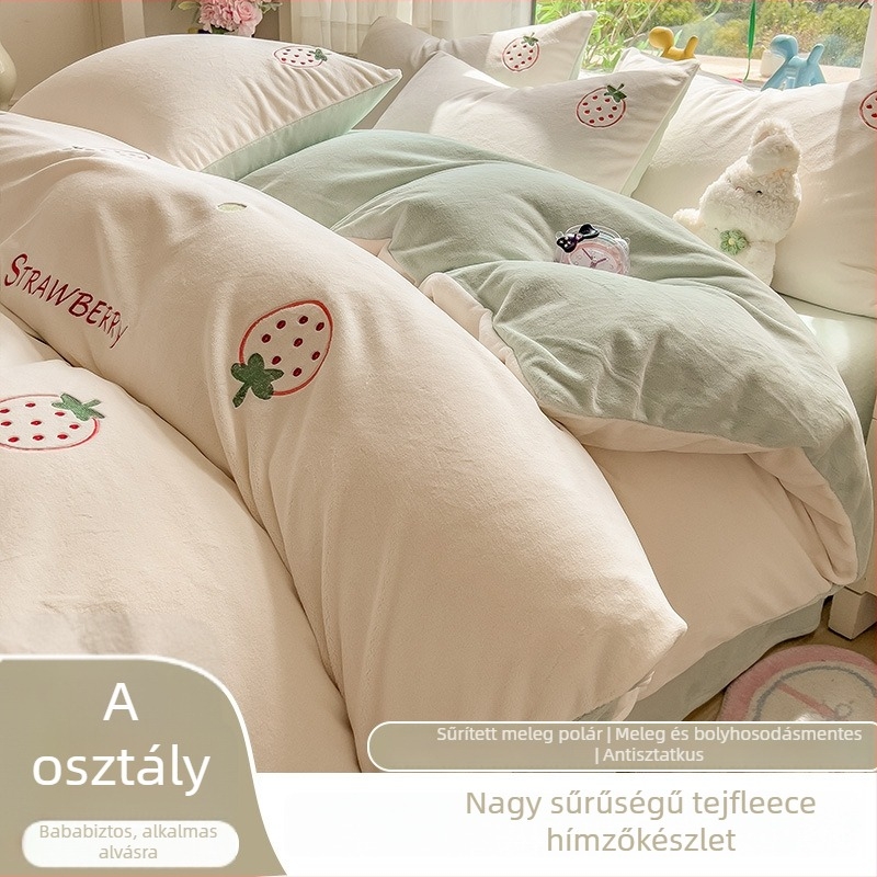 Téli vastag, meleg kétoldalas tej-velúr ágyneműkészlet, négy darabos, virágos mintával, modern minimalista stílus