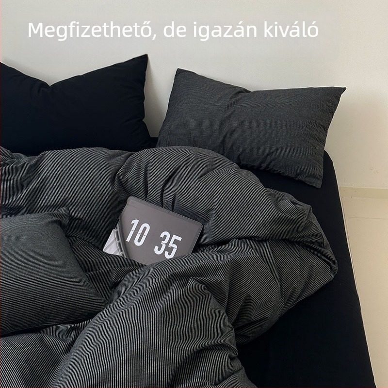 Fekete 100% pamut, négy részes garnitúra: A osztály hosszú szálú pamut, minimalist stílus, mosott pamut, paplanhuzat, lepedő és két párnahuzat