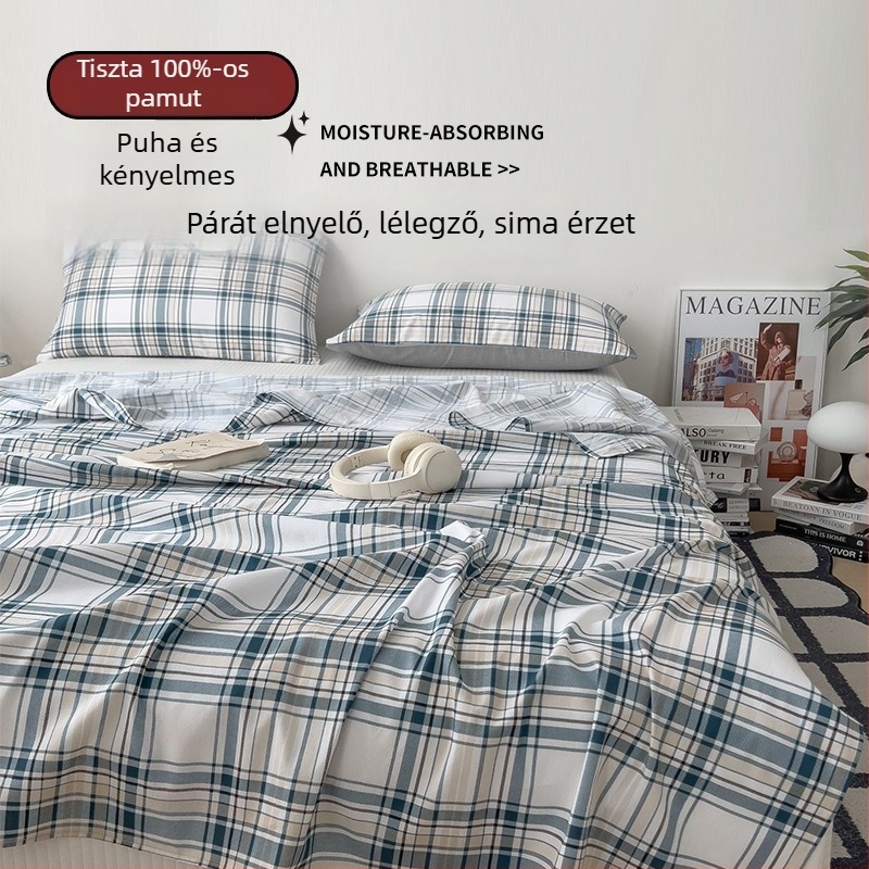 100% pamut egyszemélyes lepedő, sötétkék csíkokkal, 180x200-220 cm