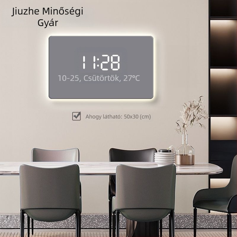 Egyszínű modern minimalista falióra digitális LED kijelzővel és környezeti világítással