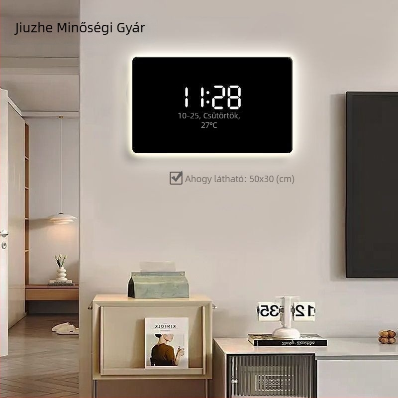 Egyszínű modern minimalista falióra digitális LED kijelzővel és környezeti világítással
