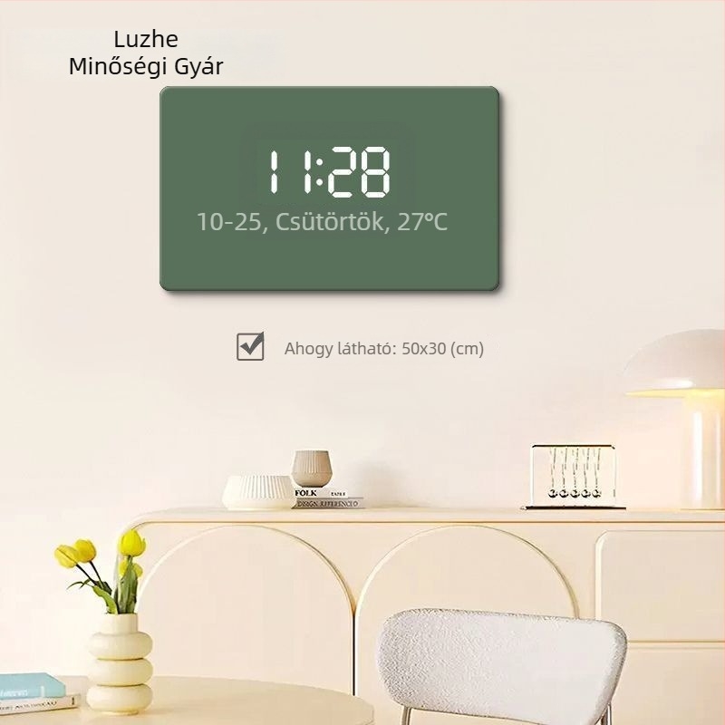 Egyszínű modern minimalista falióra digitális LED kijelzővel és környezeti világítással