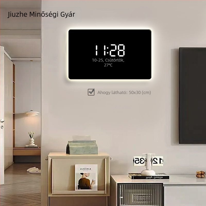 Egyszínű modern minimalista falióra digitális LED kijelzővel és környezeti világítással