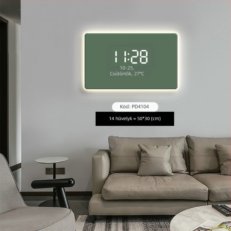 Egyszínű modern minimalista falióra digitális LED kijelzővel és környezeti világítással
