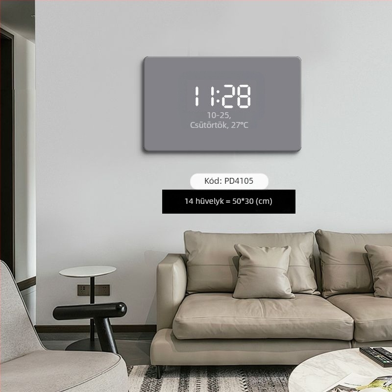 Egyszínű modern minimalista falióra digitális LED kijelzővel és környezeti világítással