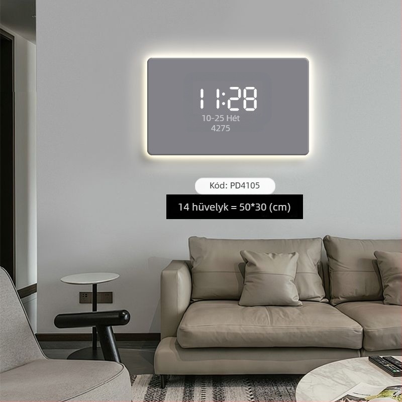 Egyszínű modern minimalista falióra digitális LED kijelzővel és környezeti világítással