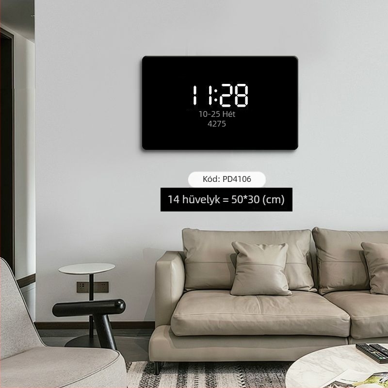 Egyszínű modern minimalista falióra digitális LED kijelzővel és környezeti világítással