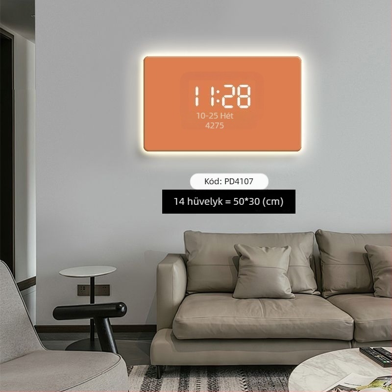 Egyszínű modern minimalista falióra digitális LED kijelzővel és környezeti világítással