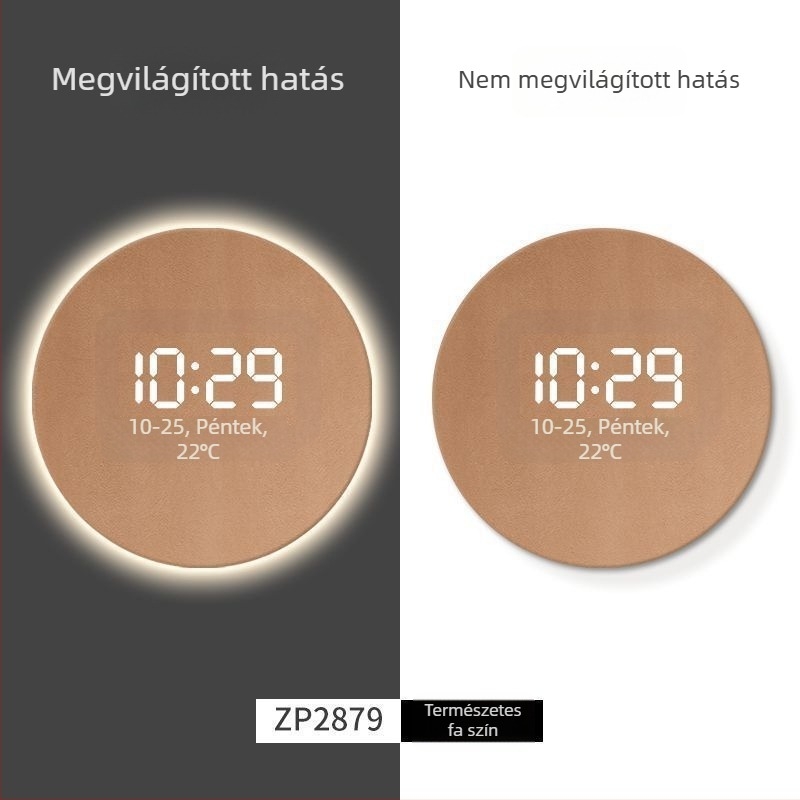 Egyszínű modern minimalista falióra digitális LED kijelzővel és környezeti világítással