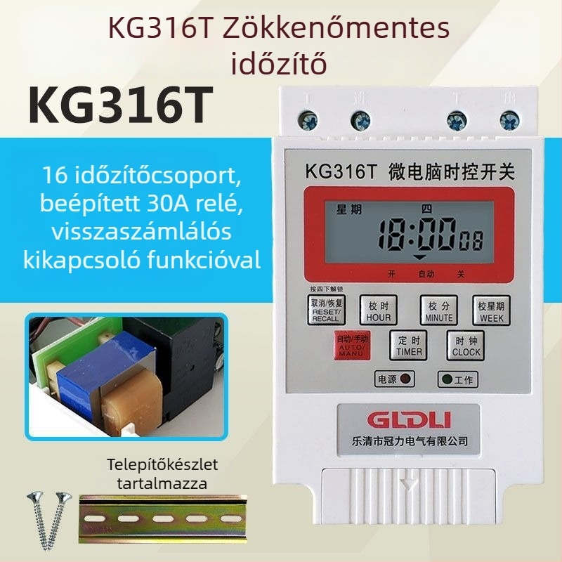 Kg316T mikrokontrolleres időzítő közvilágításhoz — 220V, külső tápegység, kijelző mutatóval és számokkal, automatikus kikapcsolás