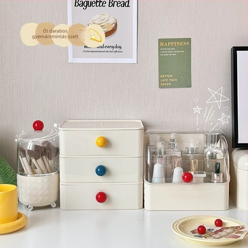 Beichuan Kozmetikai tároló az íróasztal mellé — fióktípusú, egymásra rakható, porálló, műanyag test, lehajthatófedél