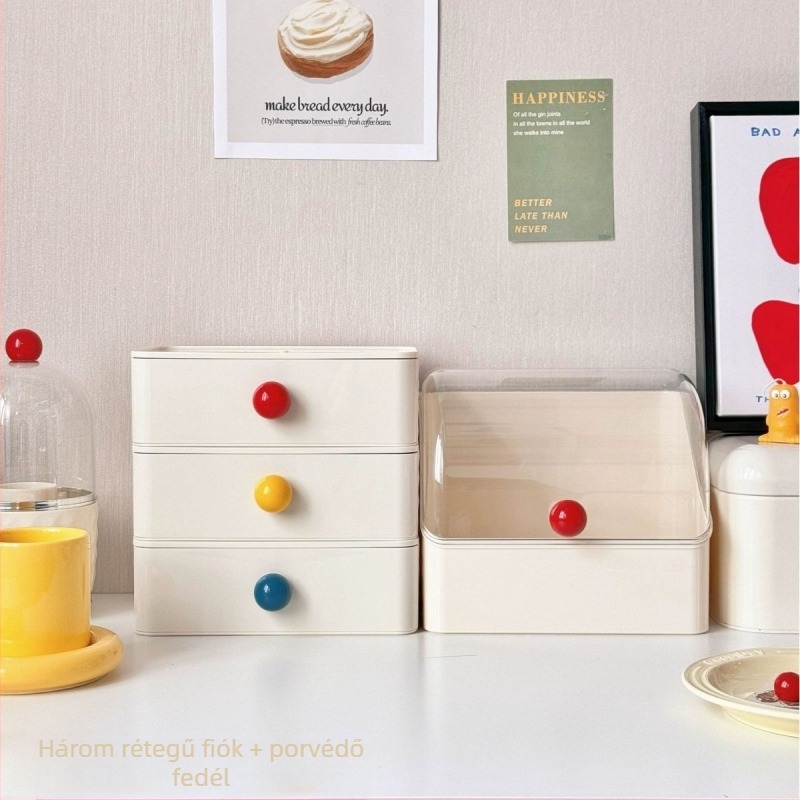 Beichuan Kozmetikai tároló az íróasztal mellé — fióktípusú, egymásra rakható, porálló, műanyag test, lehajthatófedél