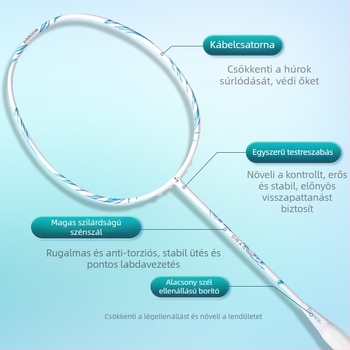 Badmintonütő (egy darabból álló teljes karbon konstrukció; tömeg 75–79 g; markolat vastagsága G5; húrok anyaga: nylon)