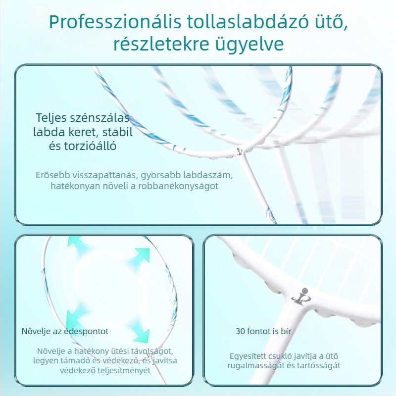 Badmintonütő (egy darabból álló teljes karbon konstrukció; tömeg 75–79 g; markolat vastagsága G5; húrok anyaga: nylon)