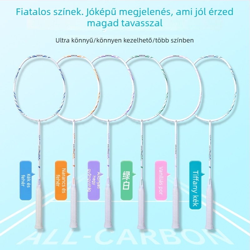 Badmintonütő (egy darabból álló teljes karbon konstrukció; tömeg 75–79 g; markolat vastagsága G5; húrok anyaga: nylon)