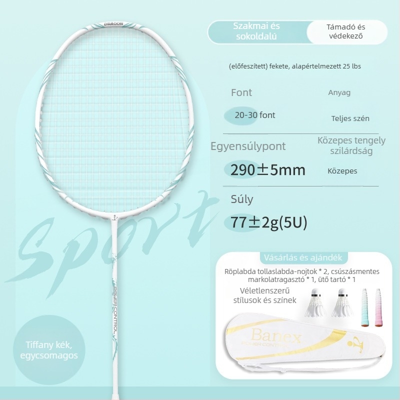 Badmintonütő (egy darabból álló teljes karbon konstrukció; tömeg 75–79 g; markolat vastagsága G5; húrok anyaga: nylon)