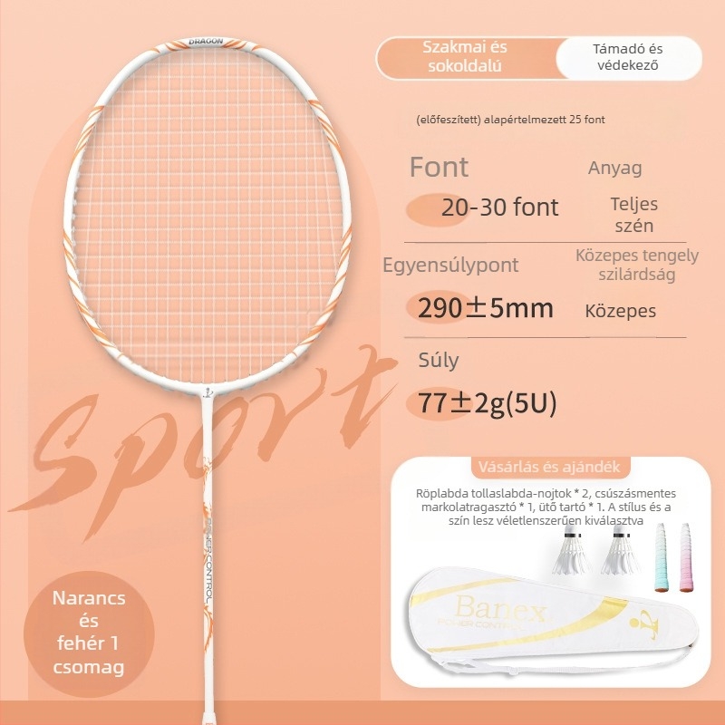 Badmintonütő (egy darabból álló teljes karbon konstrukció; tömeg 75–79 g; markolat vastagsága G5; húrok anyaga: nylon)