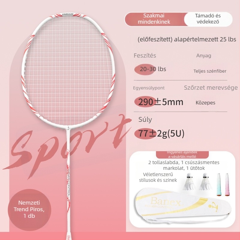 Badmintonütő (egy darabból álló teljes karbon konstrukció; tömeg 75–79 g; markolat vastagsága G5; húrok anyaga: nylon)
