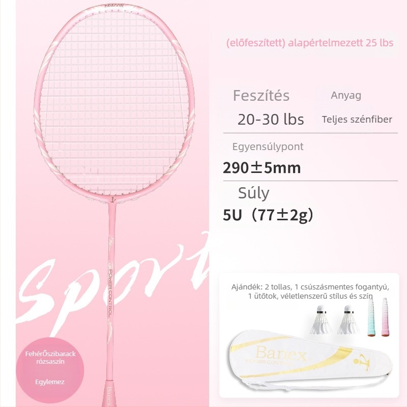 Badmintonütő (egy darabból álló teljes karbon konstrukció; tömeg 75–79 g; markolat vastagsága G5; húrok anyaga: nylon)