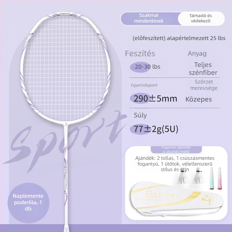 Badmintonütő (egy darabból álló teljes karbon konstrukció; tömeg 75–79 g; markolat vastagsága G5; húrok anyaga: nylon)