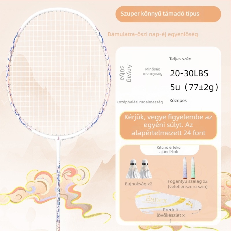 Badmintonütő (egy darabból álló teljes karbon konstrukció; tömeg 75–79 g; markolat vastagsága G5; húrok anyaga: nylon)
