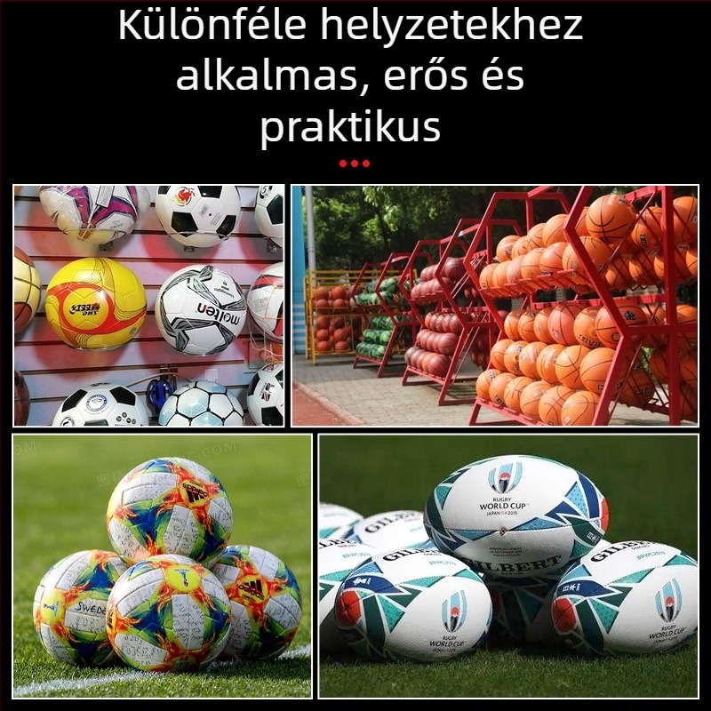 Labdák tárolására szolgáló hálós táska; akár 12 labdát fér el; anyag: polipropilén, poliészter, polietilén; testreszabható kivitelezés; márka: Huihua; alkalmas kosárlabdára és szabadtéri sportokra.