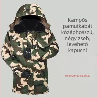 Kültéri pamut-párnázott kabát kamufláz mintával, kapucnival, fleece béléssel, poliészter-pamut töltettel, vízálló.