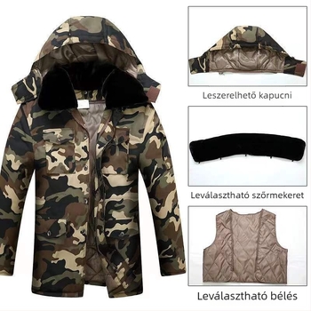 Kültéri pamut-párnázott kabát kamufláz mintával, kapucnival, fleece béléssel, poliészter-pamut töltettel, vízálló.