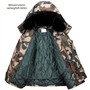 Kültéri pamut-párnázott kabát kamufláz mintával, kapucnival, fleece béléssel, poliészter-pamut töltettel, vízálló.