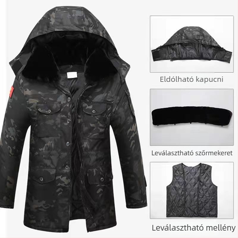 Kültéri pamut-párnázott kabát kamufláz mintával, kapucnival, fleece béléssel, poliészter-pamut töltettel, vízálló.