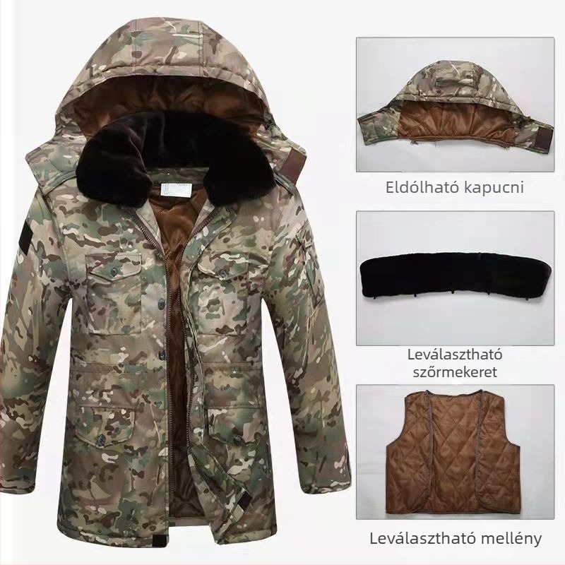 Kültéri pamut-párnázott kabát kamufláz mintával, kapucnival, fleece béléssel, poliészter-pamut töltettel, vízálló.