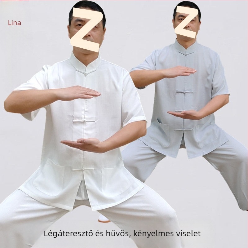 Férfi nyári Tai Chi/Kung Fu edzőruha - pamut-len anyag, rövid ujjú, pamutszövet bélés, harcművészeti edzéshez