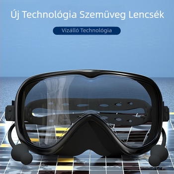 Nagy keretű úszószemüveg, párásodás elleni, vízálló, PC lencsék, felnőtteknek, szett orrklipsz és úszósapka