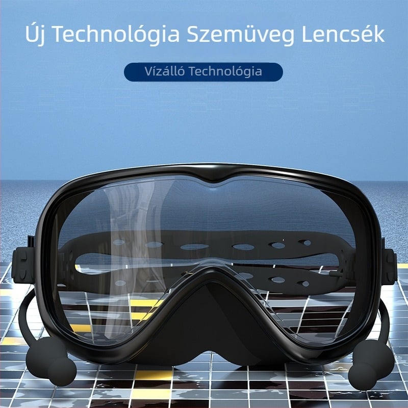 Nagy keretű úszószemüveg, párásodás elleni, vízálló, PC lencsék, felnőtteknek, szett orrklipsz és úszósapka