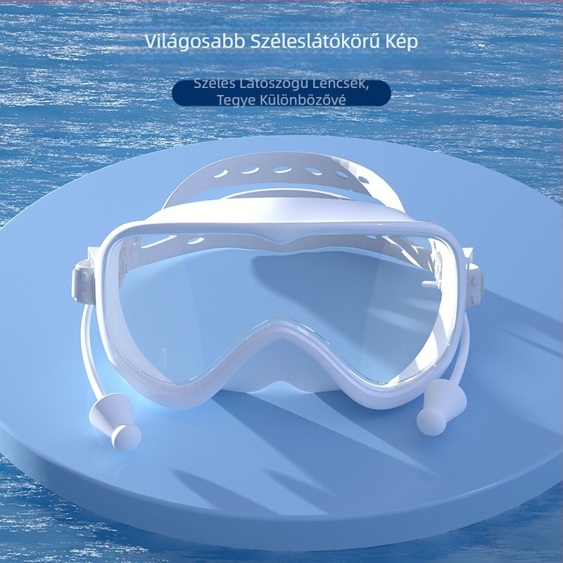 Nagy keretű úszószemüveg, párásodás elleni, vízálló, PC lencsék, felnőtteknek, szett orrklipsz és úszósapka