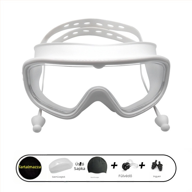 Nagy keretű úszószemüveg, párásodás elleni, vízálló, PC lencsék, felnőtteknek, szett orrklipsz és úszósapka