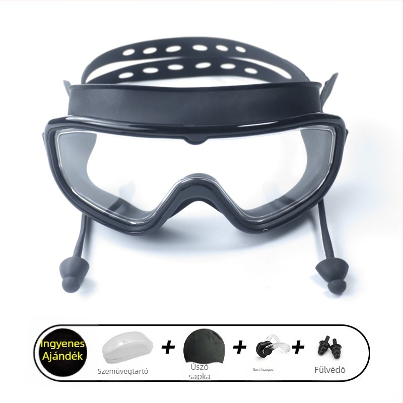 Nagy keretű úszószemüveg, párásodás elleni, vízálló, PC lencsék, felnőtteknek, szett orrklipsz és úszósapka