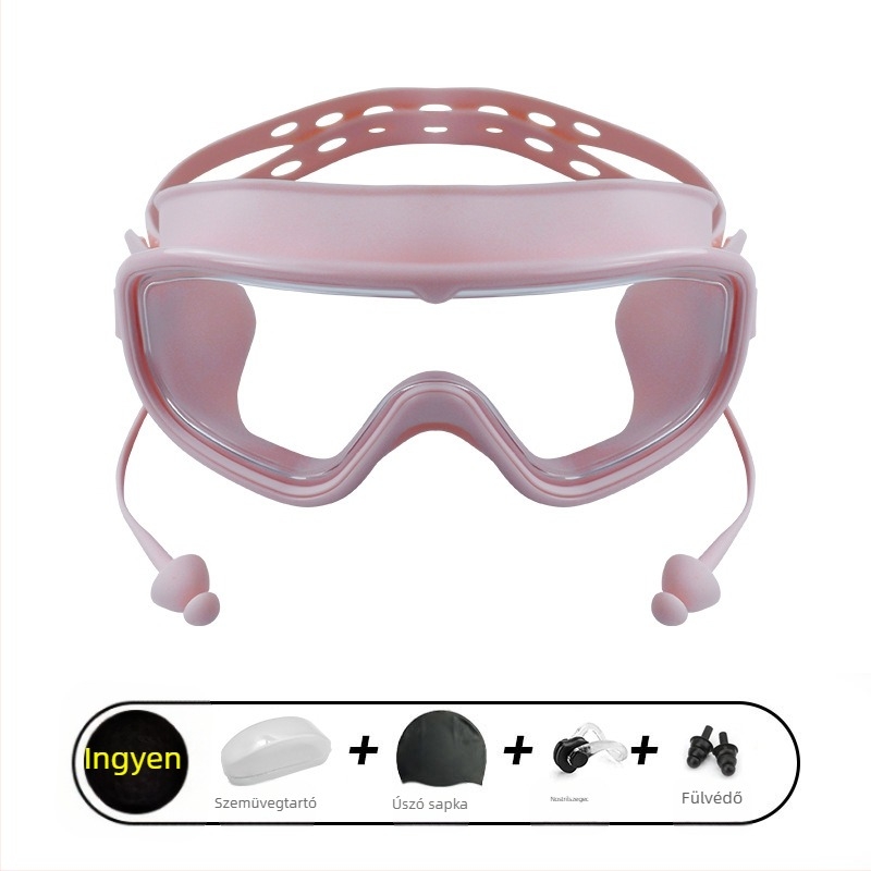 Nagy keretű úszószemüveg, párásodás elleni, vízálló, PC lencsék, felnőtteknek, szett orrklipsz és úszósapka