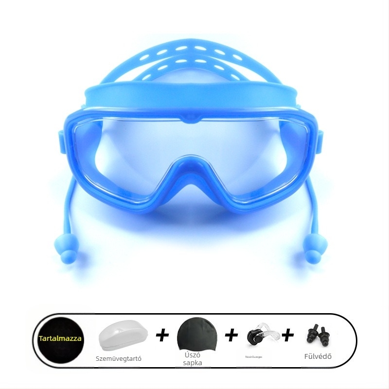 Nagy keretű úszószemüveg, párásodás elleni, vízálló, PC lencsék, felnőtteknek, szett orrklipsz és úszósapka
