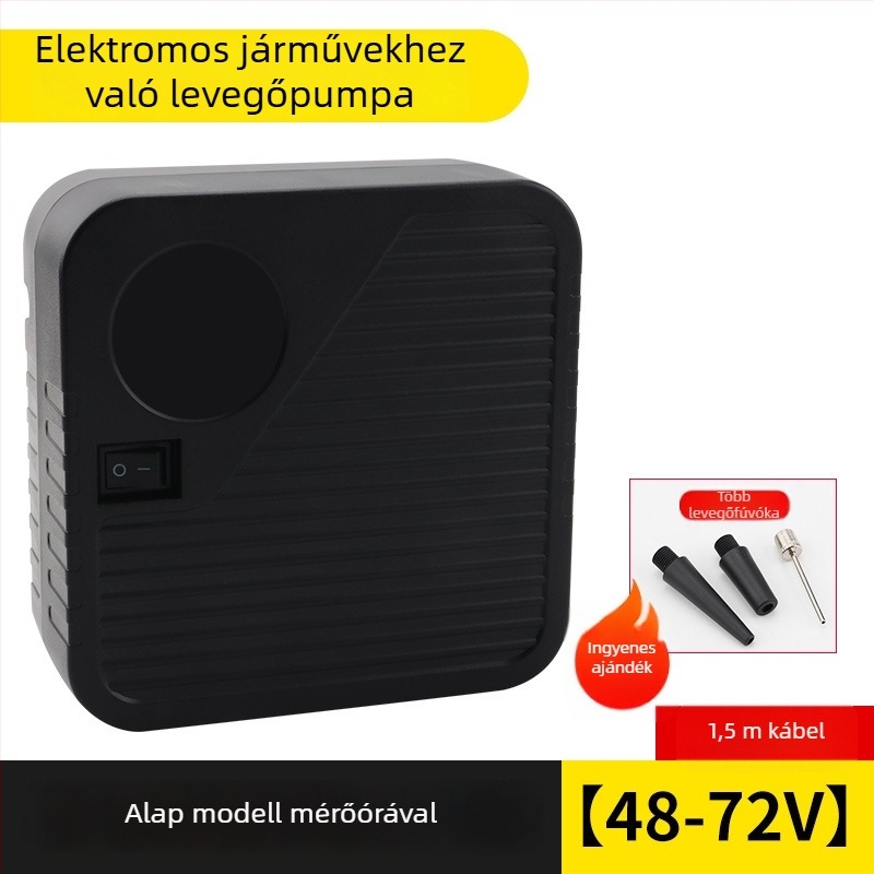 Akkumulátorról működő légpumpa járművekhez, hordozható, 48–72V, 120W, 35 L/min, 3 m kábel, tömeg 1 kg