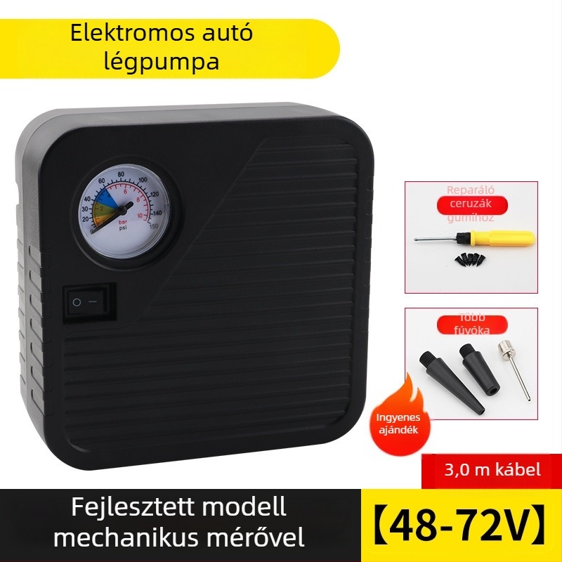 Akkumulátorról működő légpumpa járművekhez, hordozható, 48–72V, 120W, 35 L/min, 3 m kábel, tömeg 1 kg
