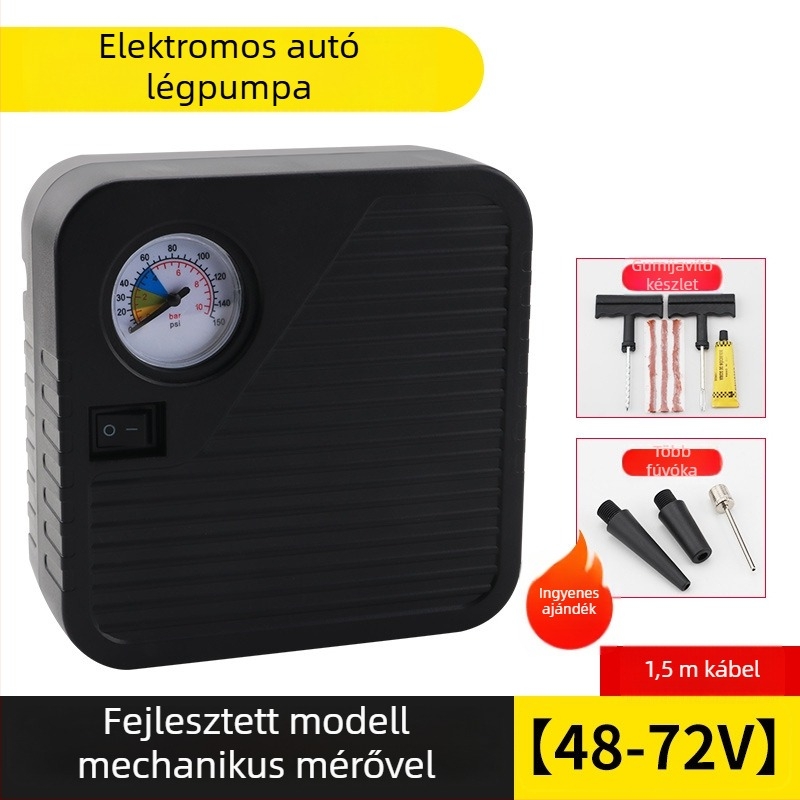 Akkumulátorról működő légpumpa járművekhez, hordozható, 48–72V, 120W, 35 L/min, 3 m kábel, tömeg 1 kg