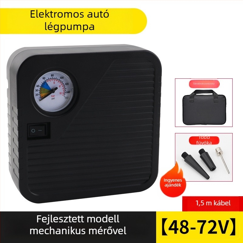 Akkumulátorról működő légpumpa járművekhez, hordozható, 48–72V, 120W, 35 L/min, 3 m kábel, tömeg 1 kg