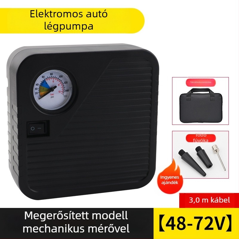 Akkumulátorról működő légpumpa járművekhez, hordozható, 48–72V, 120W, 35 L/min, 3 m kábel, tömeg 1 kg